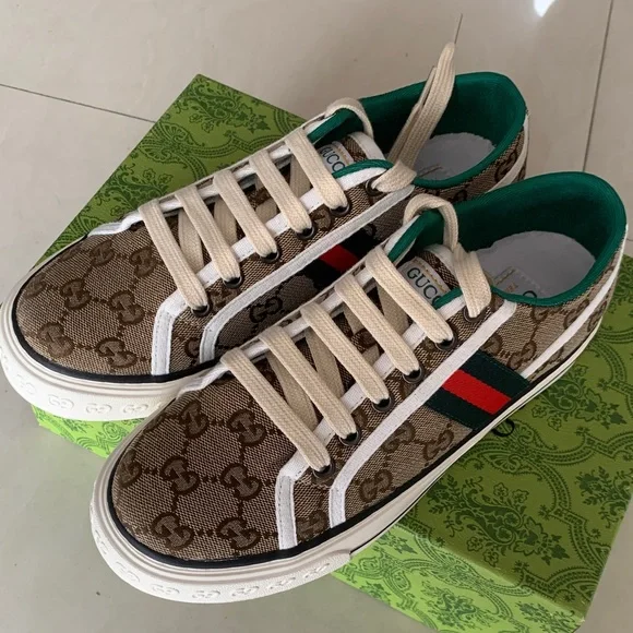 Gucci Brown GG Canvas Sneakers with Green Red Web - Picture 1 of 5